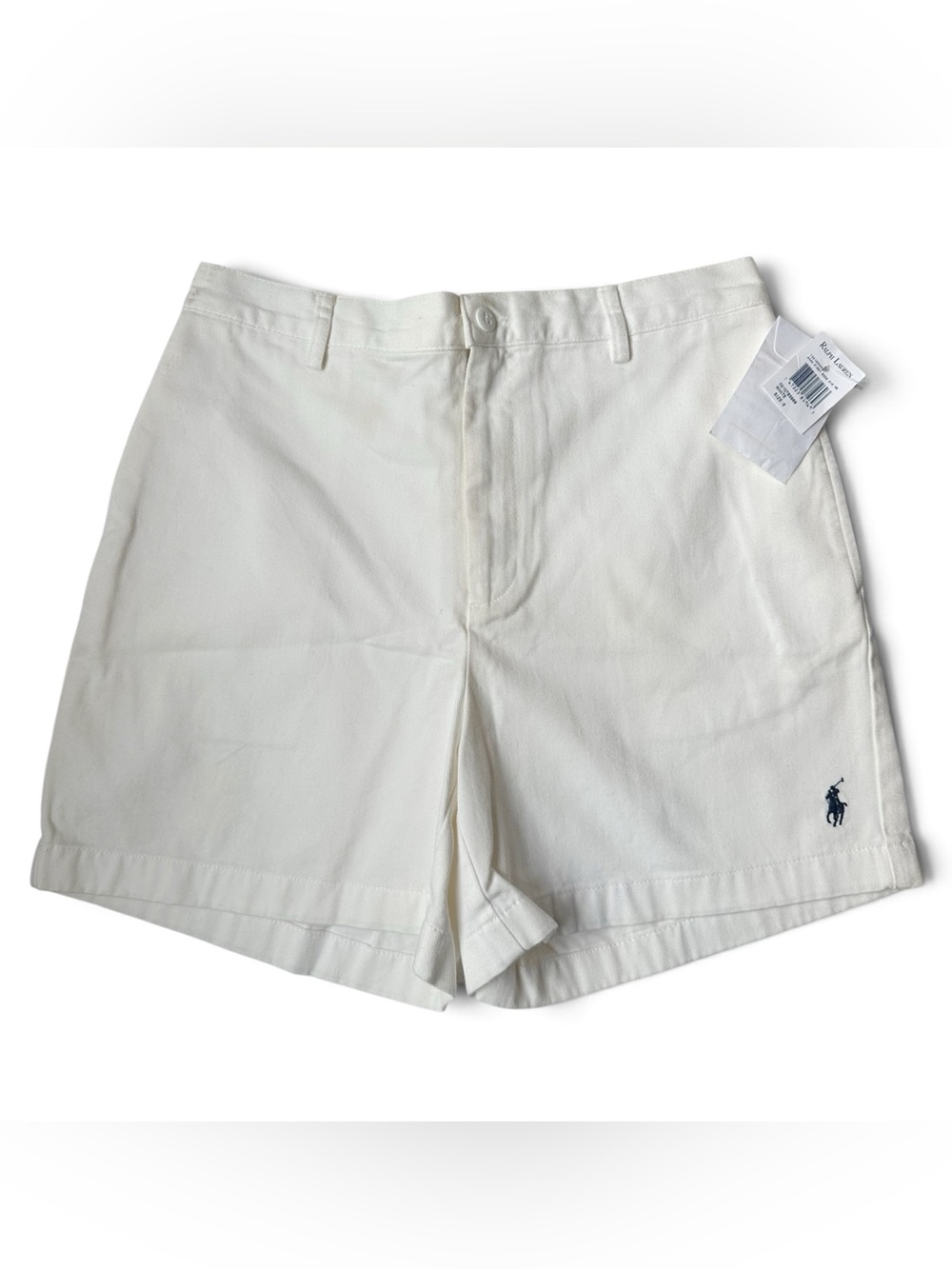 Ralph Lauren White Flat-Front Women's Shorts with Navy Pony Embroidery Sz 6